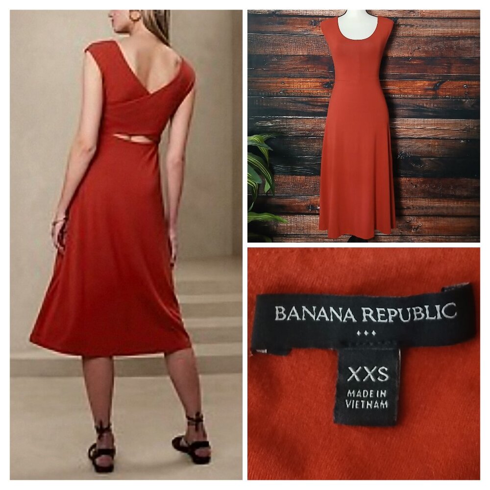 Banana Republic Midi Dress XXS Cross Back Cutout Rayon Brick Red